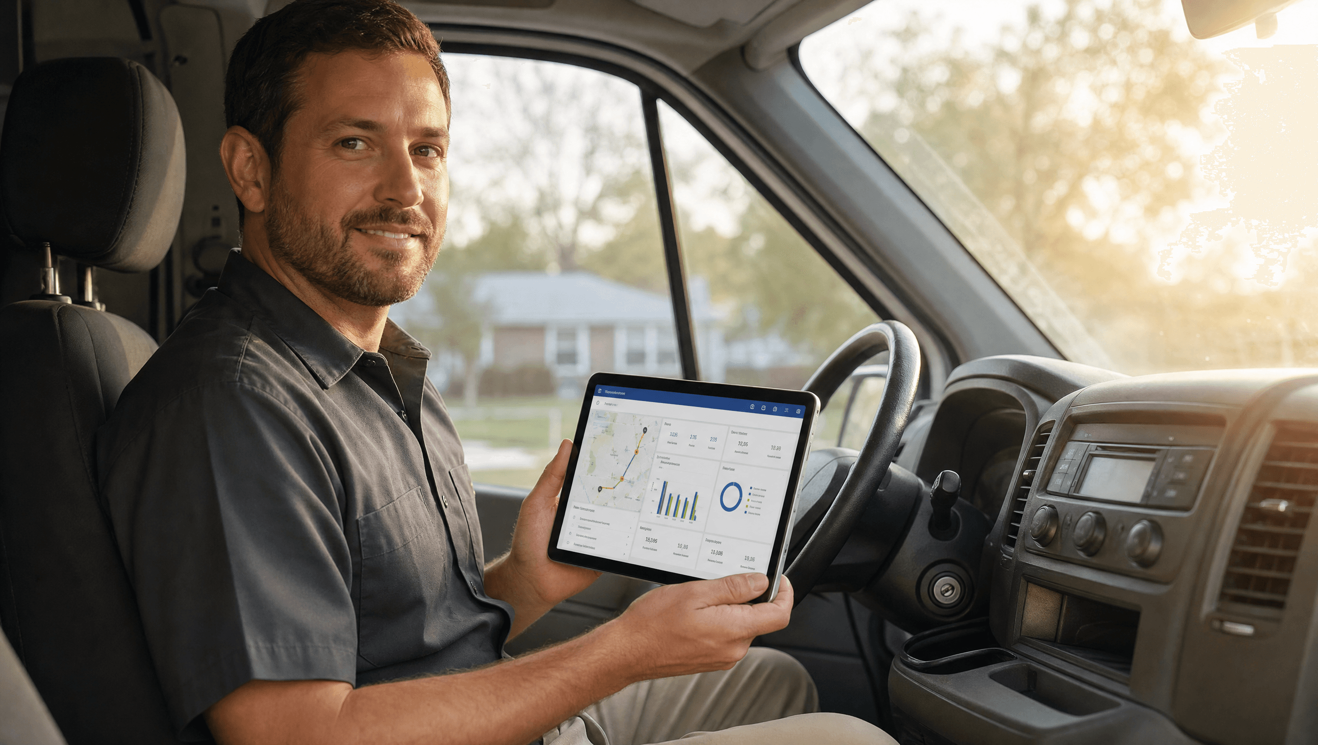 A route dealer sitting in their cargo van, checking route balance data on a tablet